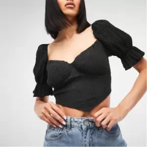 Image of Missguided Textured Puff Sleeve Crop Top - Black