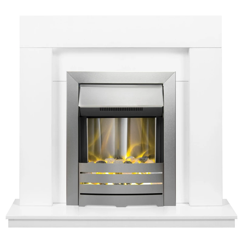 Image of Adam Fires & Fireplaces Malmo Fireplace in White with Helios Electric Fire in Brushed Steel, 39" Grey