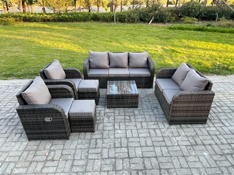 Image of Fimous 9 Seater Garden Furniture Set Rattan Outdoor Lounge Sofa Chair With Tempered Glass Table 2 Small Footstools Dark Grey Mixed Dark Grey