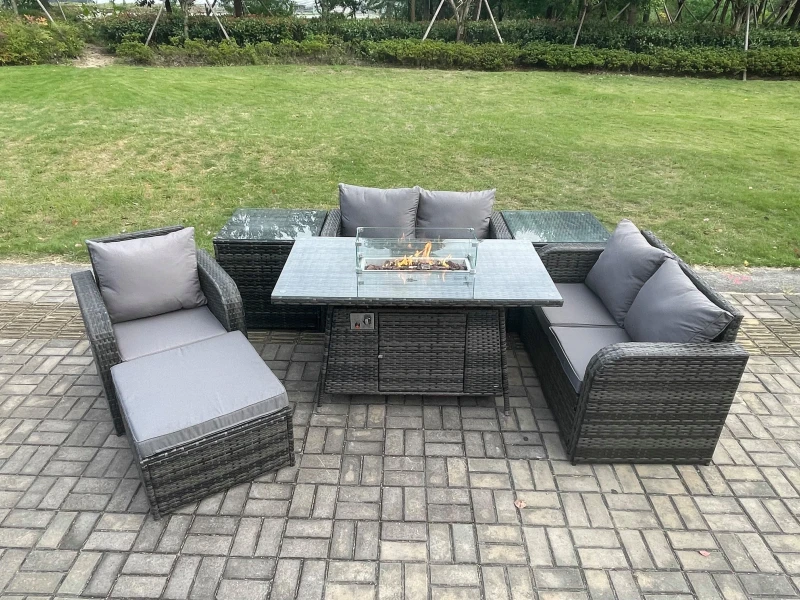 Image of Fimous Rattan Garden Furniture Set with Gas Fire Pit Dining Table,2 Side Tables and Big Footstool Indoor Outdoor 7 piece Loveseat Sofa set Dark Grey