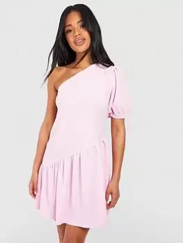 Image of Boohoo Textured Asymmetric Drop Hem Smock Dress - Pink, Size 10, Women