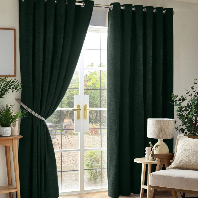Image of Luxury Living Chenille Blackout Ring Top Eyelet Curtains 229Cm X 183Cm Green