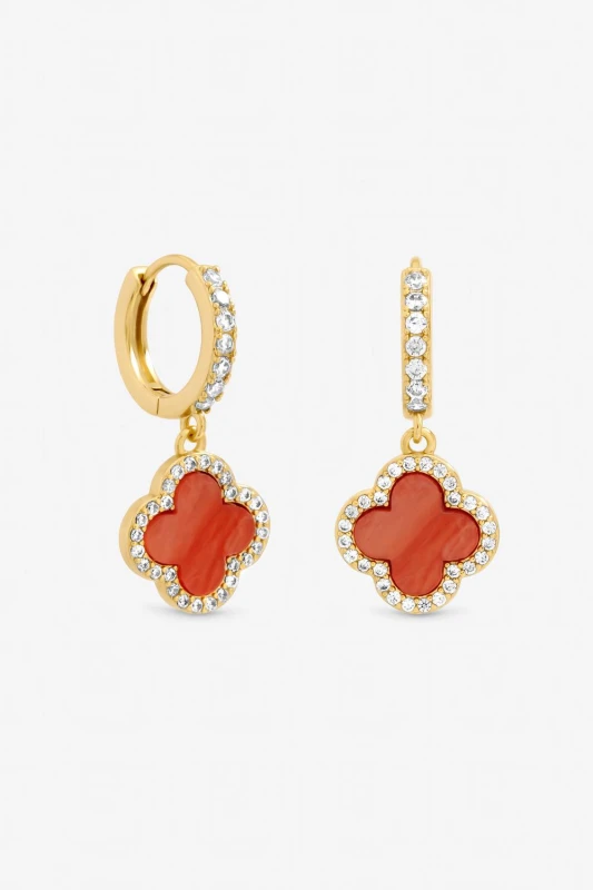 Image of Jon Richard Womens Gold Plated & Coral Clover Huggie Earrings Gold Female One Size