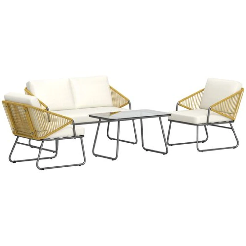 Image of Outsunny 4 Piece Rattan Garden Furniture Set with Cushions, Natural Beige