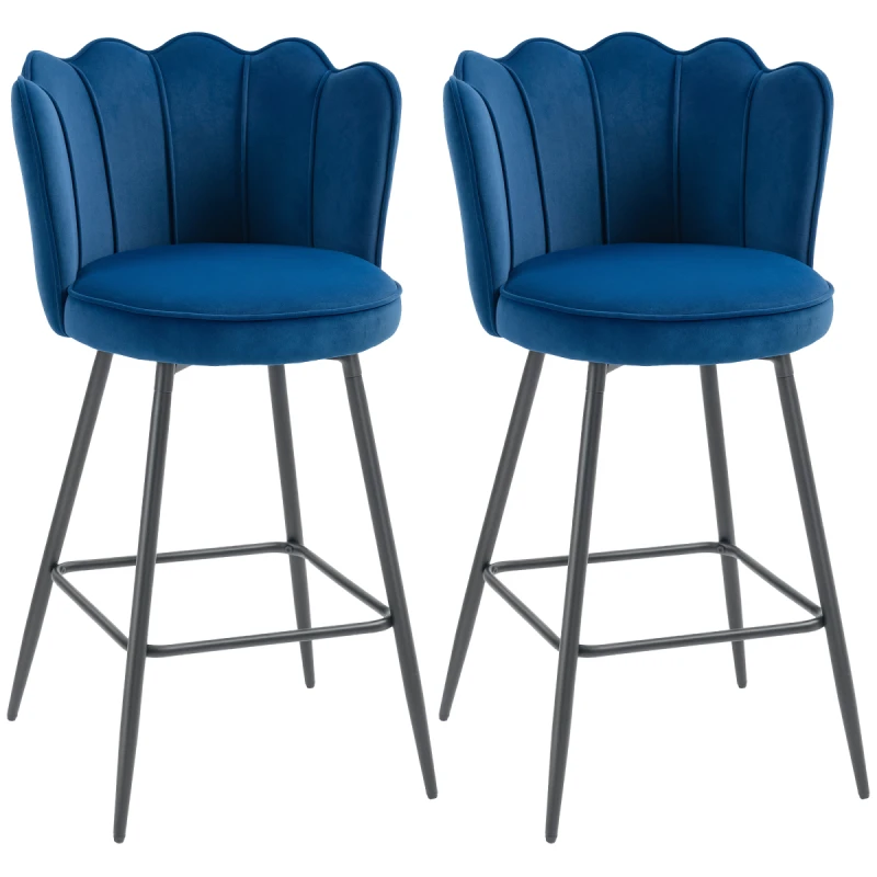Image of HOMCOM HOMCOM Bar Stools Set of 2 Velvet Barstools with Petal Backrest and Footrest in Dark Blue Dark Blue One Size Unisex 5063603572157