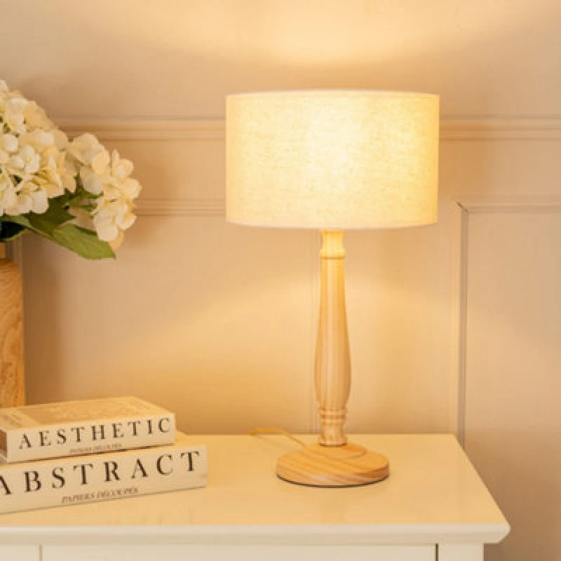 Image of ValueLights Victoria Light Wood Candlestick Table Lamp with Linen White Trim Shade & Bulb Natural