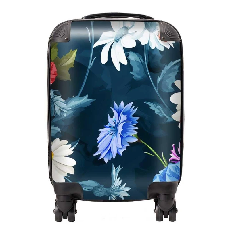 Image of Warren Reed - Designer Poppy Flowers With Chamomile, Leaves, Cornflowers On Dark Blue Suitcase Size: Cabin Blue Unisex Cabin