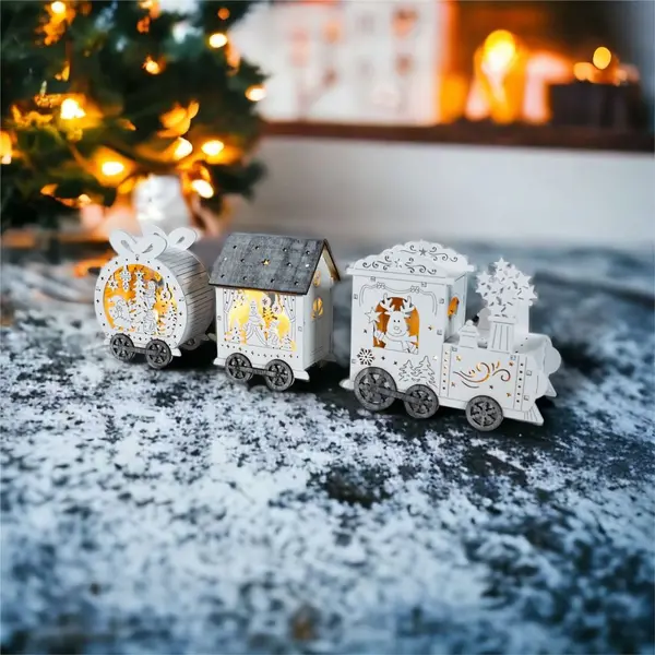 Image of Wooden Festive Light Up Christmas Train Ornament Decoration Pre-Lit White ELV-989463