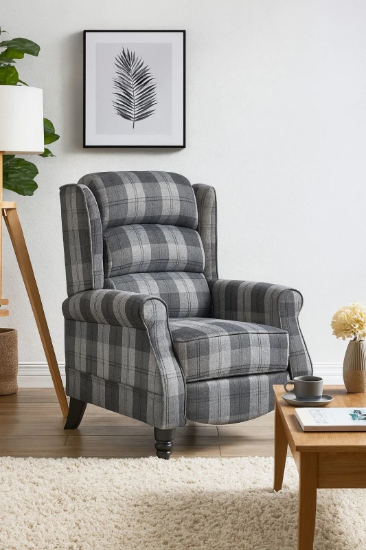 Image of LUXURY LIFE Eaton Tartan Fabric Armchair Manual Push Back Recliner in Grey Grey Unisex