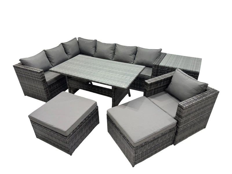 Image of Fimous Outdoor PE Rattan Sofa Set with with Side Table 2 Big Stool in Dark Grey Dark Grey Unisex