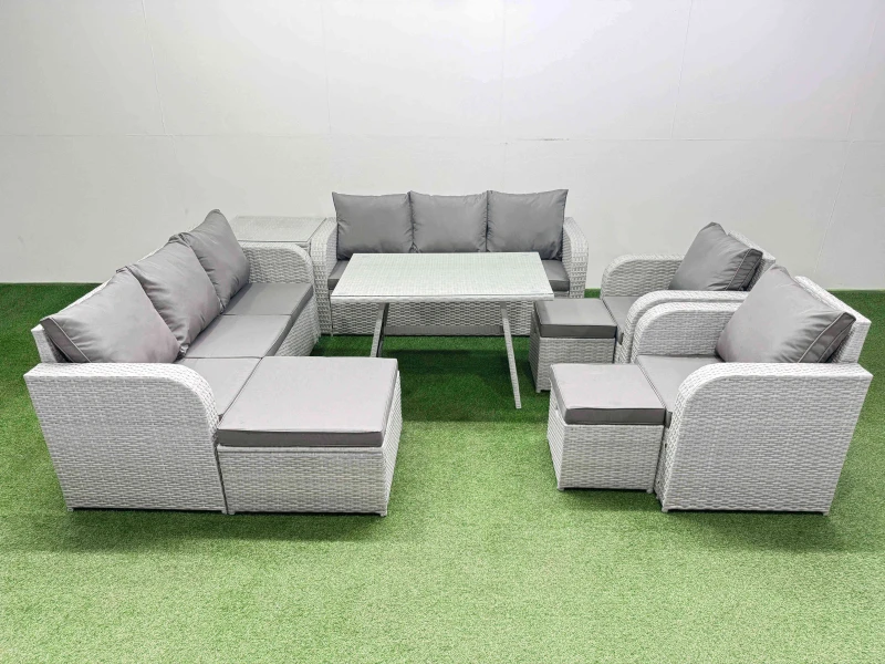 Image of Fimous Rattan High Back Lounge Sofa Set with Reclining Chair Side Table Stool in Light Grey Light Grey Unisex