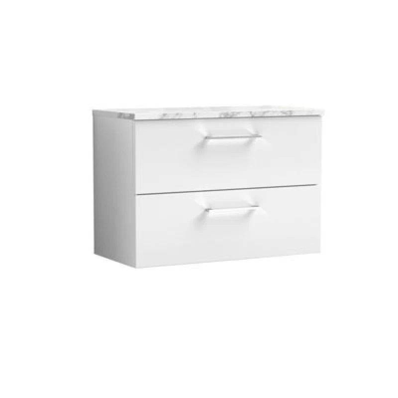 Image of NUIE Arno Wall Hung 2-Drawer Vanity Unit with Carrera Marble Worktop 800mm Wide - Gloss White - Nuie ARN126LCM