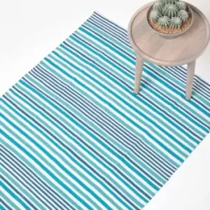 Image of Modern Blue Scandinavian Style Striped Cotton Rug, 60 x 100cm - Blue - Homescapes