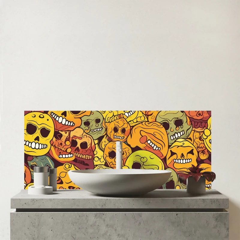 Image of Warren Reed - Designer Autumnal Skulls Pattern Glass Bathroom Splashback in Orange Orange Unisex