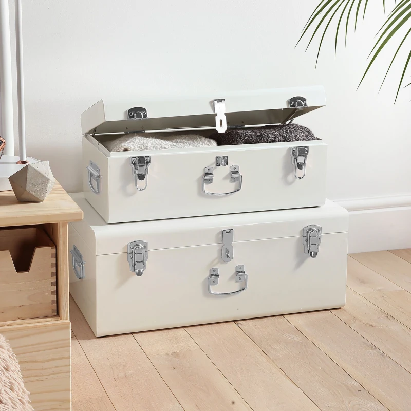 Image of BTFY Beautify Storage Trunks - Set Of 2 Cream Stainless Steel Storage Chests W/silver Detailing, Stackable Organiser W/lockable Lids