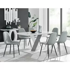 Image of Monza 6 White/Grey Dining Table & 6 Grey Corona Faux Leather Dining Chairs with Black Legs Diamond Stitch - Elephant Grey