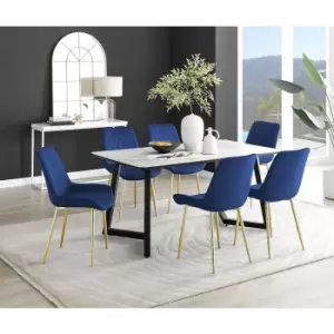 Image of Furniturebox Carson White Marble Effect Rectangular 160cm Dining Table & 6 Navy Pesaro Gold Leg Velvet Chairs