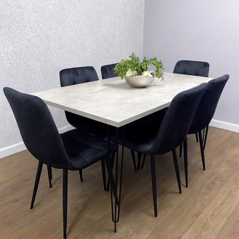 Image of Kosy Koala Dining Table With 6 Chairs Modern Grey Dining Table Set With 6 Black Velvet Chairs Dining Room Furniture