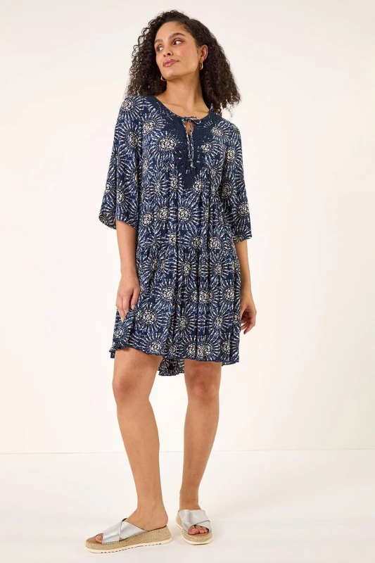 Image of Roman Womens Geo Lace Detail Smock Dress in Navy Size: 18 Navy Female 18
