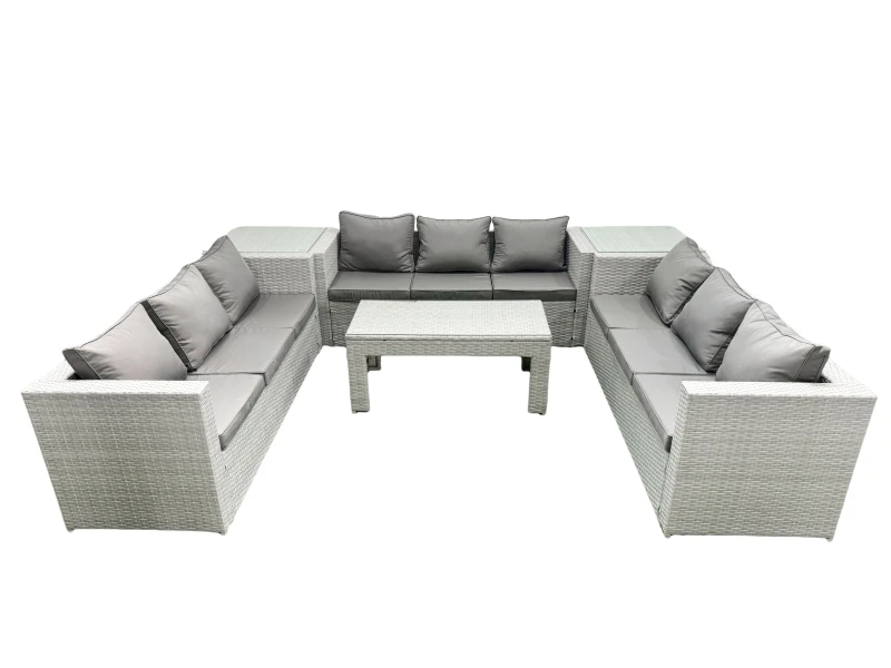 Image of Fimous Rattan Garden Outdoor Furniture Set 9 Seater Garden Sofa Oblong Coffee Table Set with 2 Side Tables Light Grey Mixed Light Grey