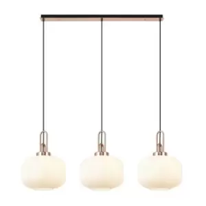 Image of Luminosa Linear 3 Light Pendant E27, Copper, Matt Black With 30cm Round Ribbed Opal Glass
