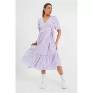 Image of I Saw It First Lilac Gingham Puff Sleeve Tiered Wrap Midi Dress - Purple