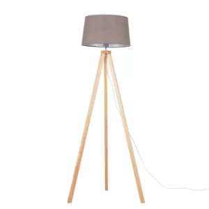 Image of Barbro Light Wood Tripod Floor Lamp with Grey Doretta Shade