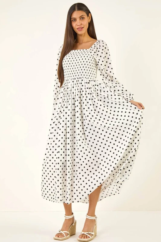 Image of Roman Womens Polka Dot Shirred Midi Dress in White Size: 14 White Female 14