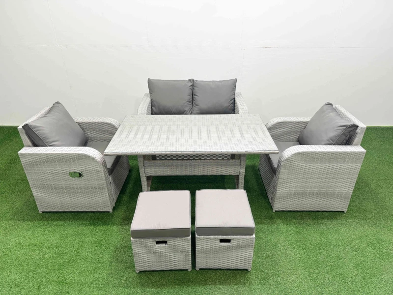 Image of Fimous Light Grey PE Wicker Rattan Garden Furniture Set Sofa Set Reclining Chair Rectangular Dining Table 6 Seater 2 Small Stools Light Grey