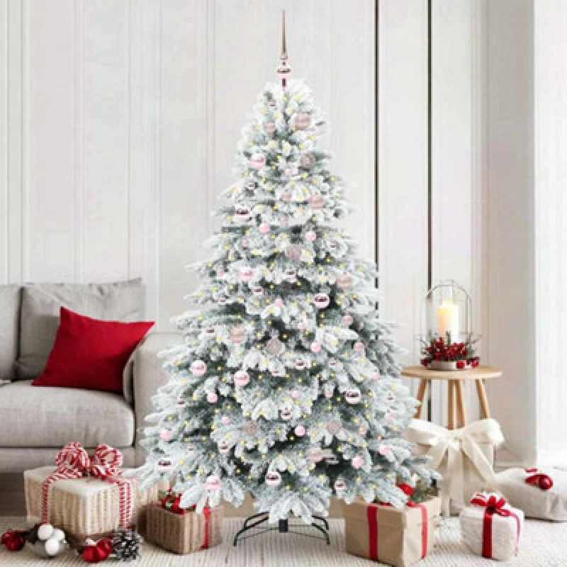 Image of vidaXL Artificial Christmas Tree with 300 LEDs, Pink Balls Snow Flocked Green 180cm PE and PVC, Green 3397616