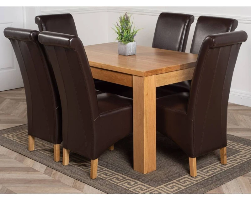Image of Thats Furniture Dakot 127 x 82cm Oak Small Dining Table & 6 Montana Leather Chairs in Brown Size: 127 x 82cm Brown Unisex 127 x 82 cm