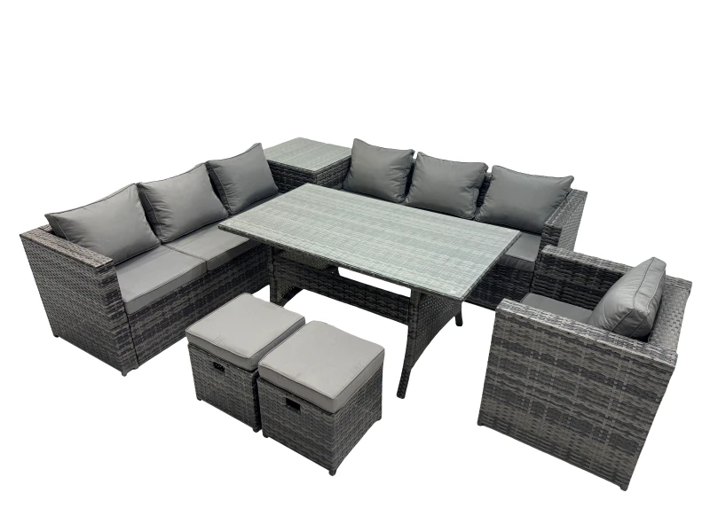 Image of Fimous 9 Seater Garden Rattan Furniture Set with Side Table 2 Small Stools in Dark Grey Dark Grey Unisex