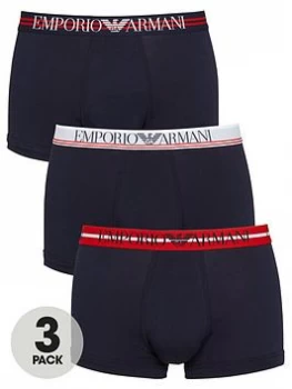 Image of Emporio Armani 3 Pack Stretch Cotton Mixed Waistband Trunks Navy Size S Men