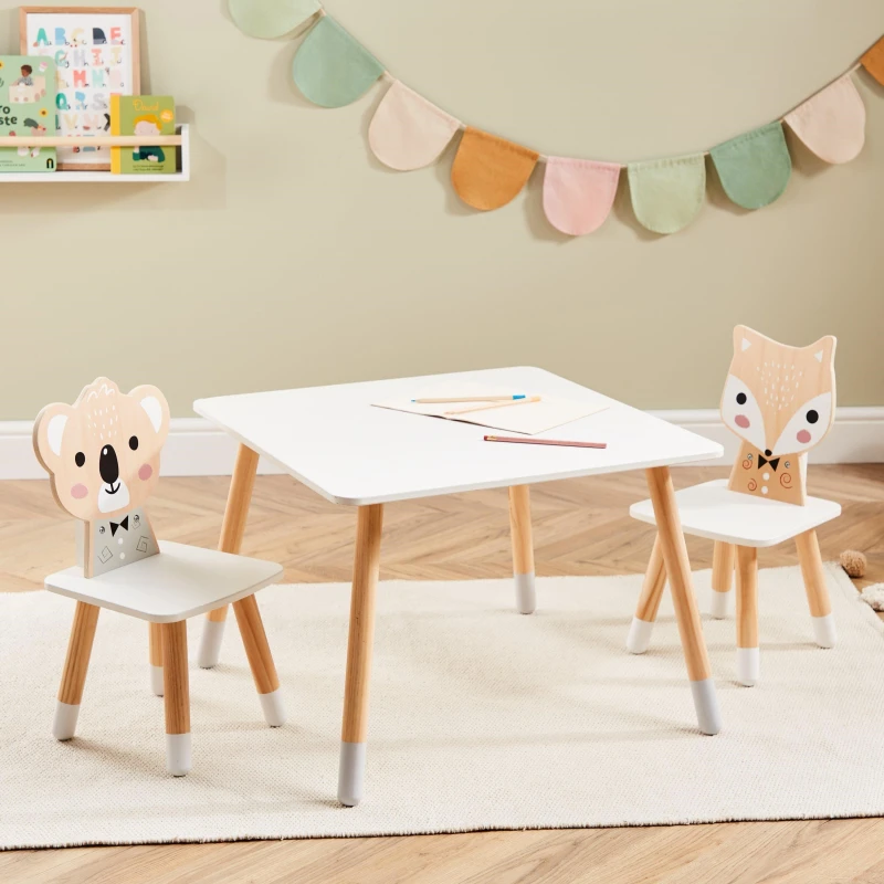 Image of Tooky Toy Studio Wooden Kids Animal Table and 2 Chair Set Animal Beige unisex One Size