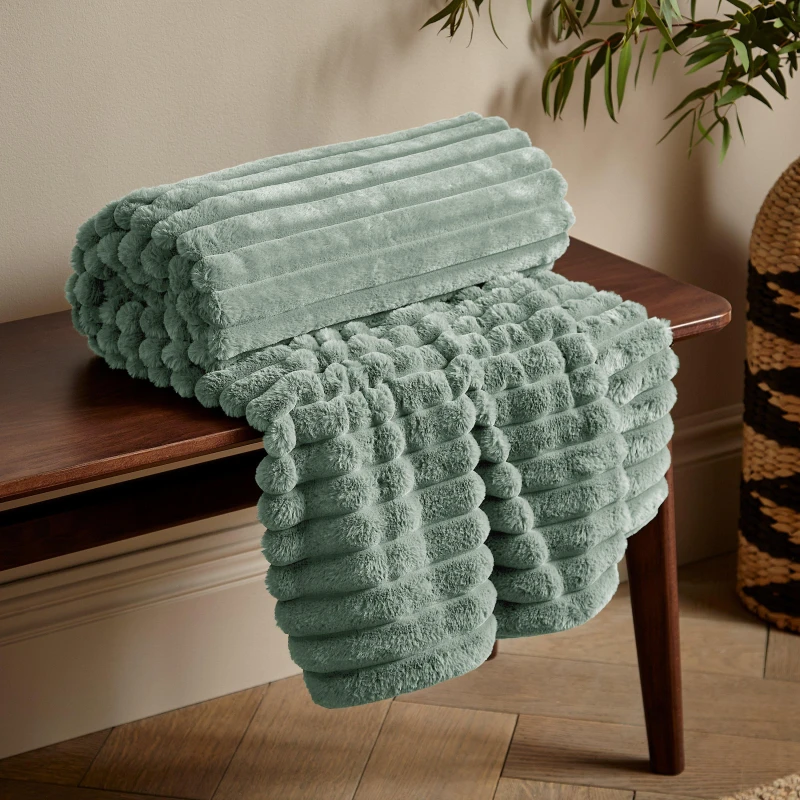 Image of Catherine Lansfield Catherine Lansfield 'Cosy Ribbed' Blanket Throw in Green Size: 130cm x 170cm Green 130cm x 170cm Unisex 5057681145587