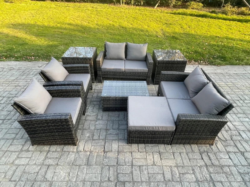 Image of Fimous Garden Furniture Sets 8 Pieces Outdoor Rattan Furniture Manual Wicker Patio Sofa Chair Set with Coffee Table 2 Side Tables in Dark Grey Dark Gr