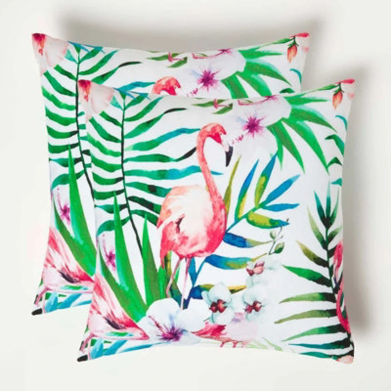 Image of Homescapes Pink Flamingo Outdoor Cushion 45 x 45 cm, Set of 2 Pink