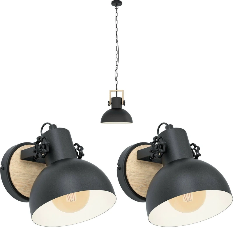 Image of Loops Ceiling Pendant Light & 2x Matching Wall Lights Black & Wood Industrial Shade Black