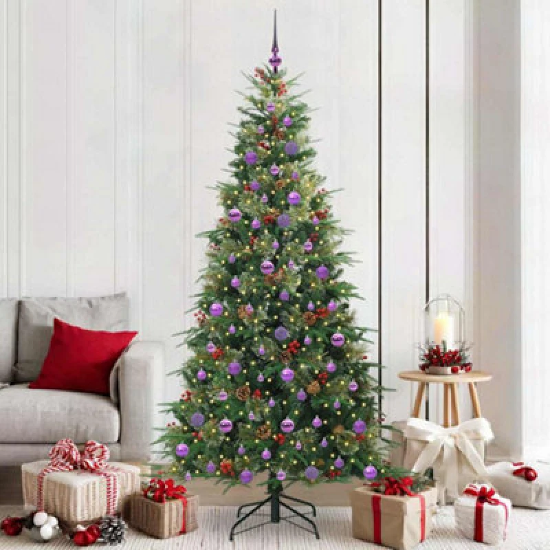Image of vidaXL Artificial Hinged Christmas Tree with Lilac Balls Green 210cm PE and PVC, Green 3397438