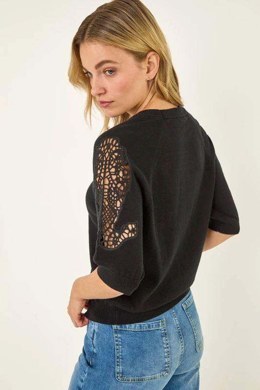Image of Dusk Womens Crochet Sleeve Knit Top in Black Size: 12 Black Female 12
