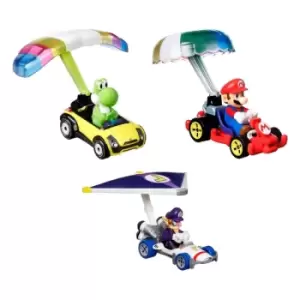 Image of Mario Kart Hot Wheels Diecast Vehicle 3 Pack 1/64 Yoshi, Waluigi, Mario