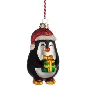 Image of Penguin with Present Glass Christmas Bauble Decoration