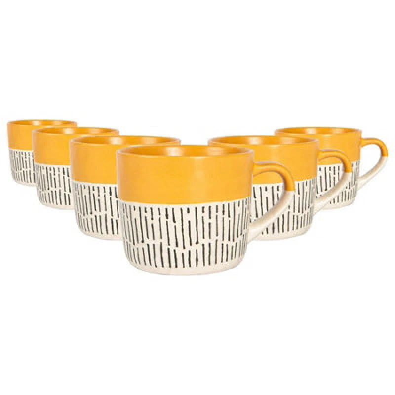 Image of Nicola Spring Ceramic Dipped Dash Coffee Mugs - 475Ml - Mustard - Pack Of 6