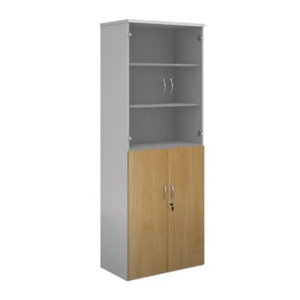 Image of Duo Duo combination unit with glass upper doors 2140mm high with 5 shelves - white with oak lower doors White/Oak R2140COMD-WHO