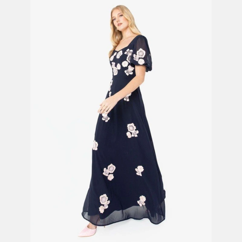 Image of Maya Deluxe Maya Navy Short Sleeve Floral Embellished Maxi Dress Navy female 6 (2XS)