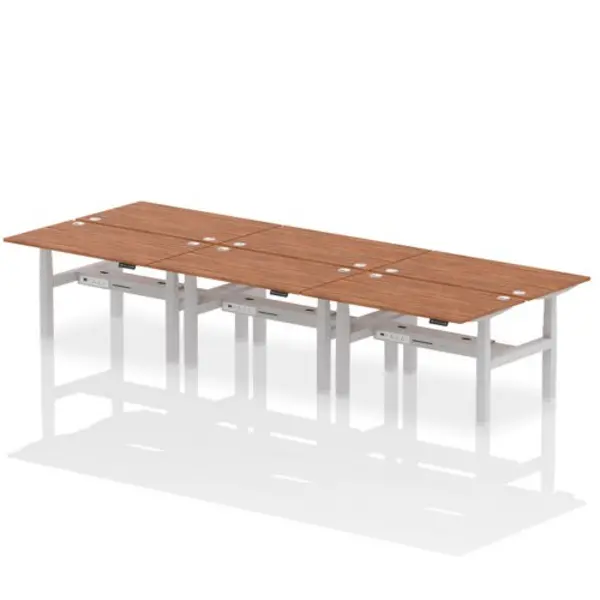 Image of Air Air Back-to-Back 1400 x 800mm Height Adjustable 6 Person Bench Desk Walnut Top with Cable Ports Silver Frame HASCP6P14800WNTS