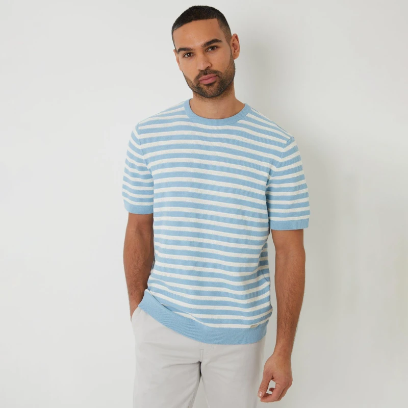 Image of Threadbare Striped Textured Knitted T-Shirt - Blue Blue M