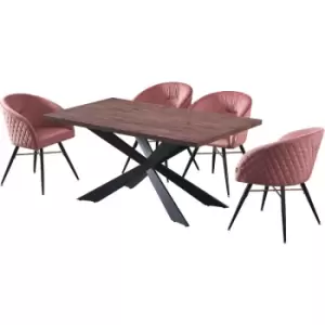 Image of 5 Pieces Life Interiors Vittorio Duke Dining Set - a Walnut Rectangular Dining Table and Set of 4 Pink Dining Chairs - Pink