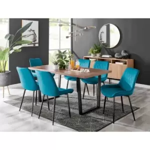 Image of Furniture Box Kylo Brown Wood Effect Dining Table and 6 Blue Pesaro Black Leg Chairs