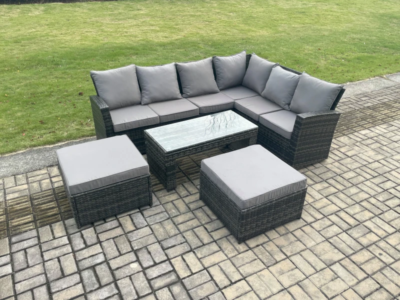 Image of Fimous 8 Seater Wicker PE Outdoor Garden Furniture Set High Back Rattan Corner Sofa Set with 2 Big Footstool Rectangular Coffee Table in Dark Grey Dar